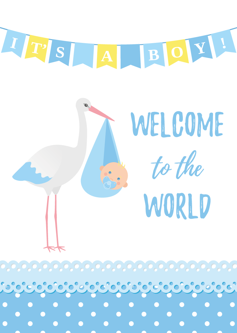 New baby boy card with stork, blue polka dots, and welcome to the world text