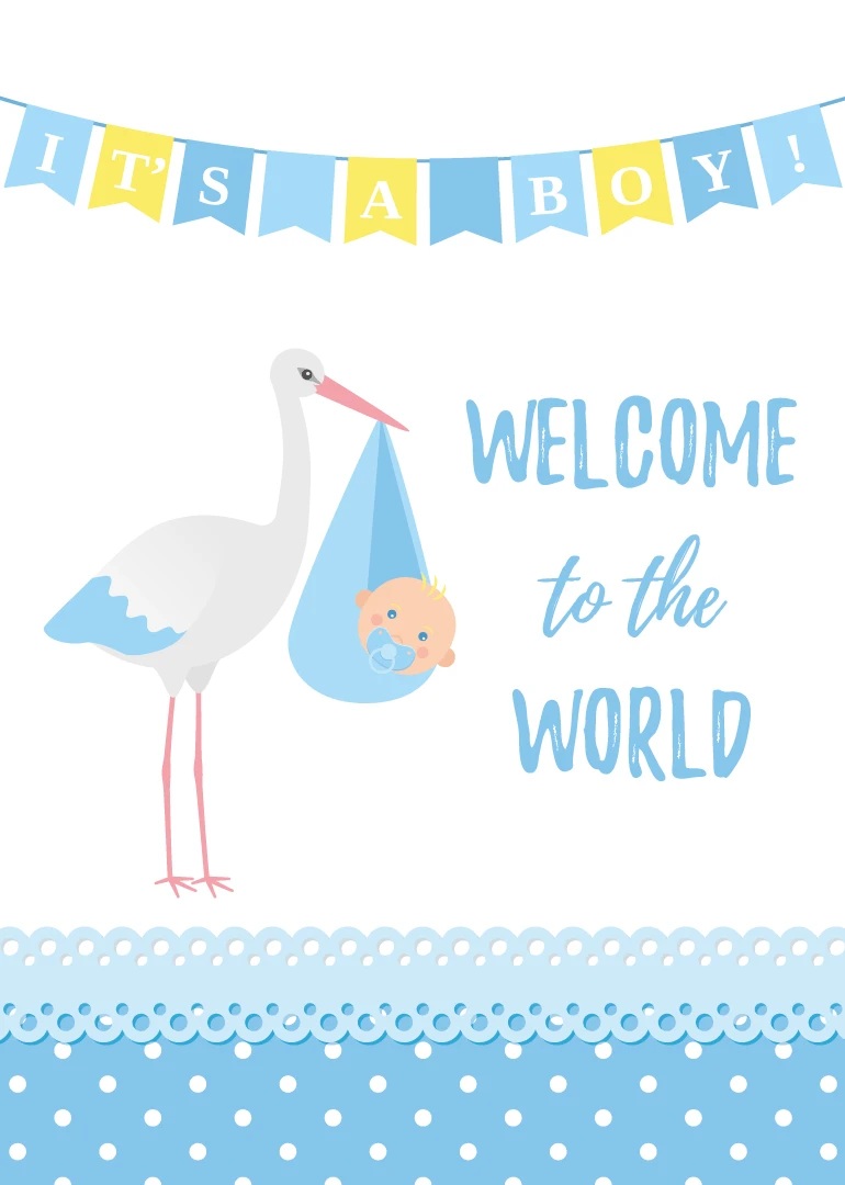 Stork carrying a baby bundle beside It's a Boy welcome to the world text design.