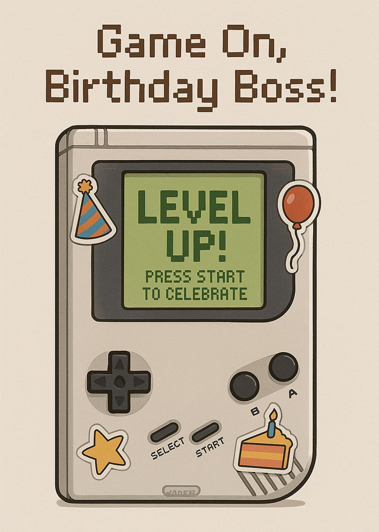 Retro handheld game console with birthday stickers and level up message
