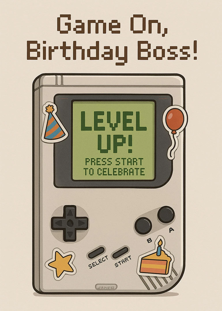 Retro handheld game console birthday card with Level Up and Game On birthday boss text.