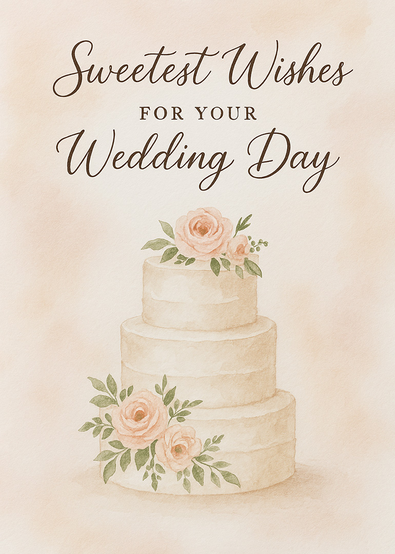 Watercolor wedding card with floral decorated cake and sweet wishes text