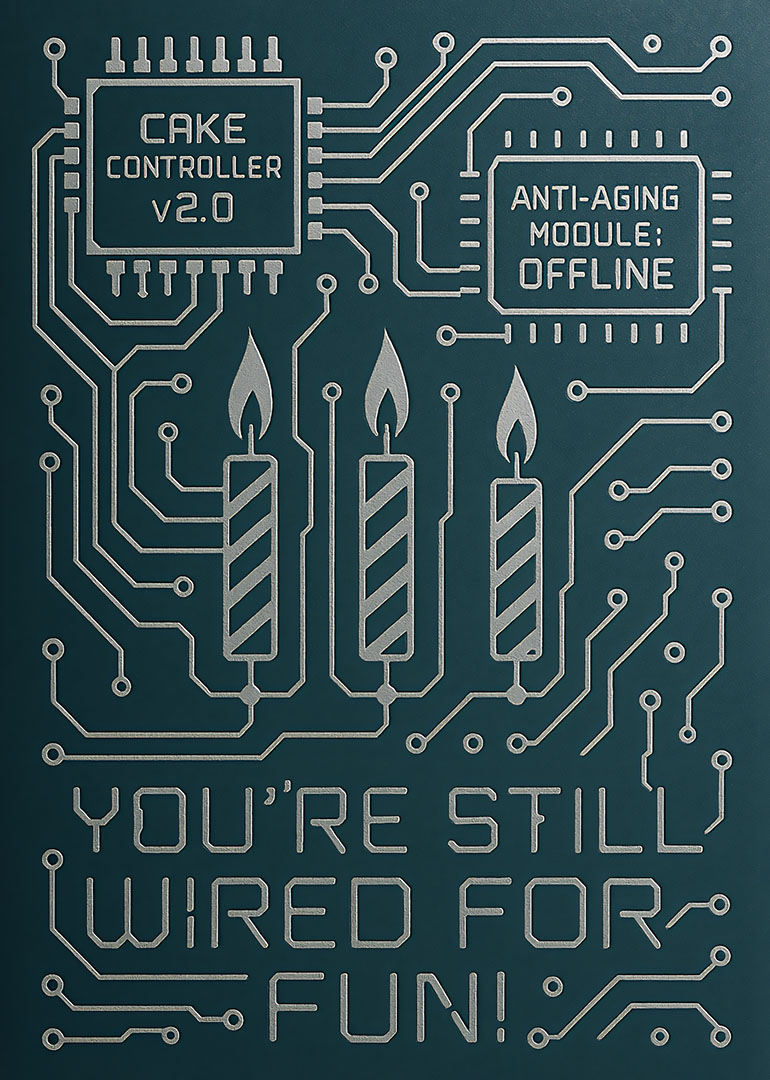 Birthday card with circuit board design and three lit candles