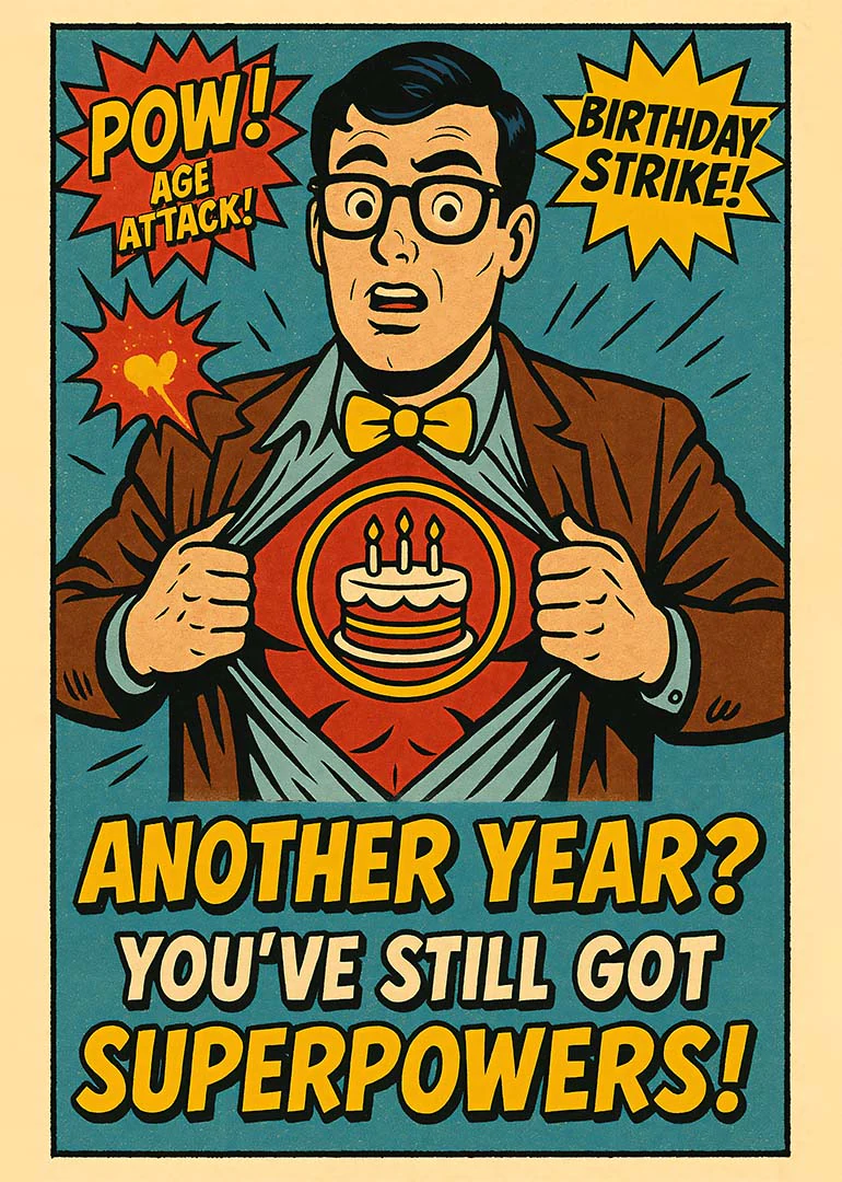 Comic birthday card with a surprised man, superhero shirt reveal, and bold age attack text.