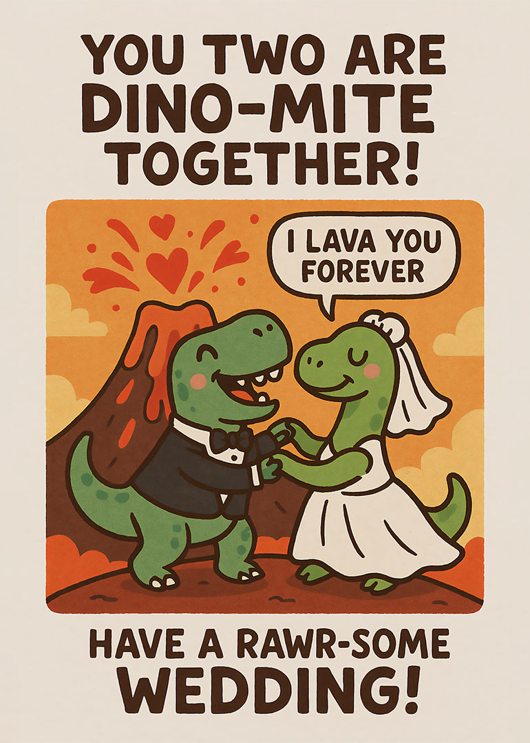 Cartoon dinosaurs in wedding attire with volcano and love puns