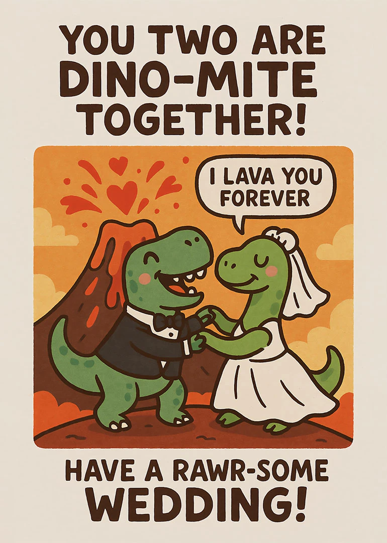 Cute dinosaur bride and groom with lava hearts and wedding pun wording on orange background.