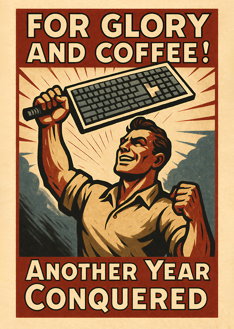 Retro man holding keyboard triumphantly with text about glory and coffee