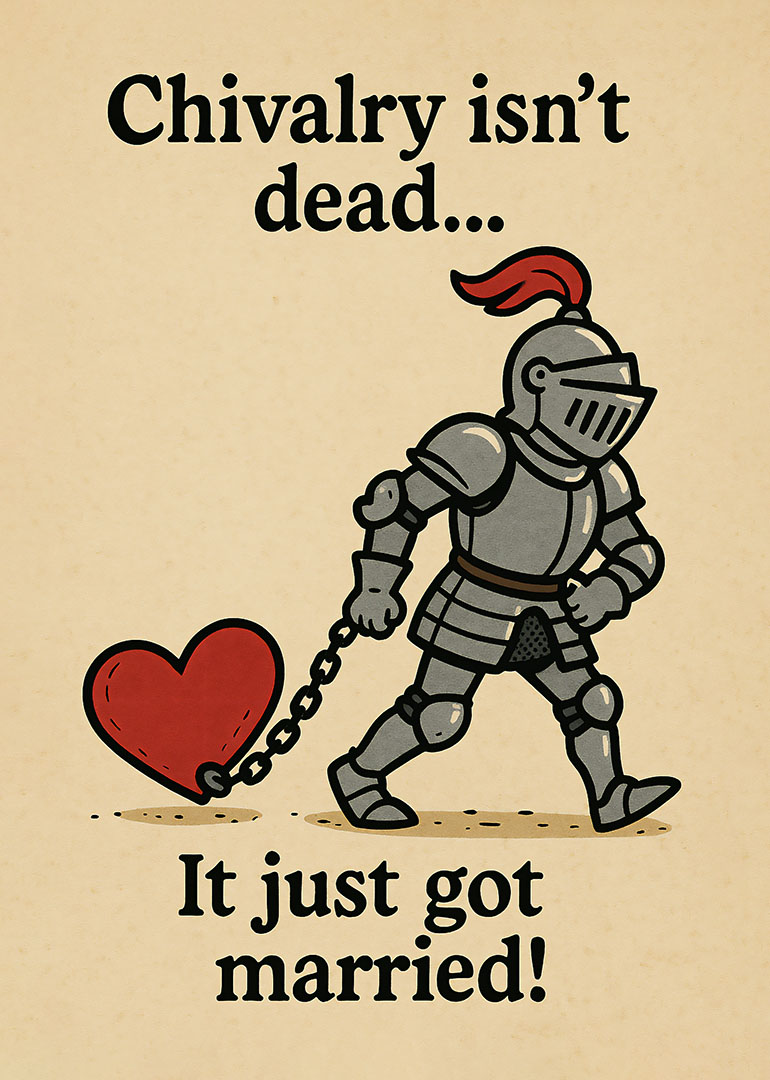 Knight in armor dragging a chained red heart with humorous marriage text