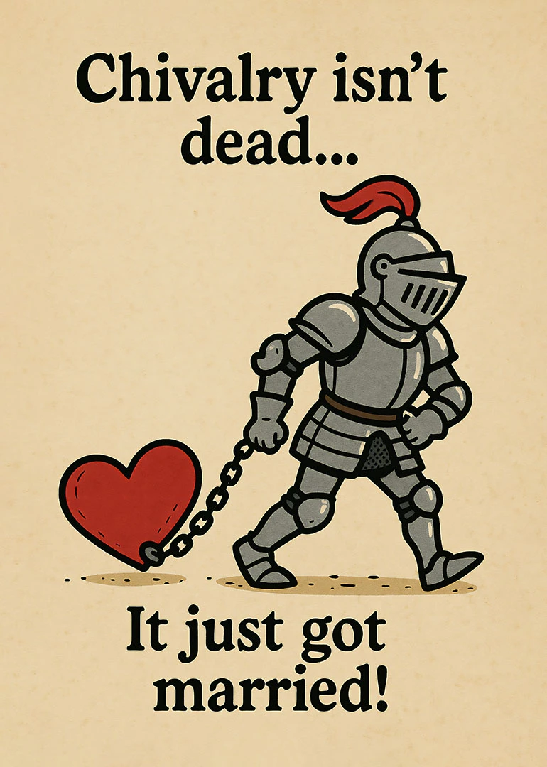Cartoon knight drags a chained red heart beside chivalry isn't dead, it just got married text.
