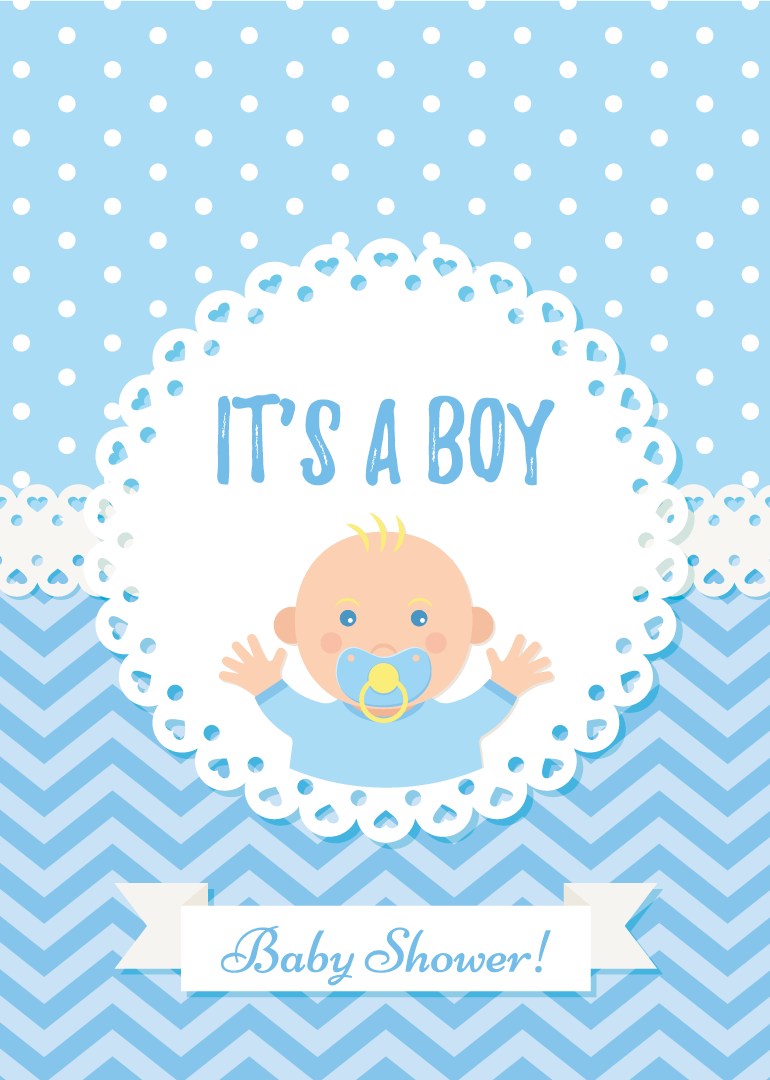 Blue baby shower card with baby boy and pacifier design