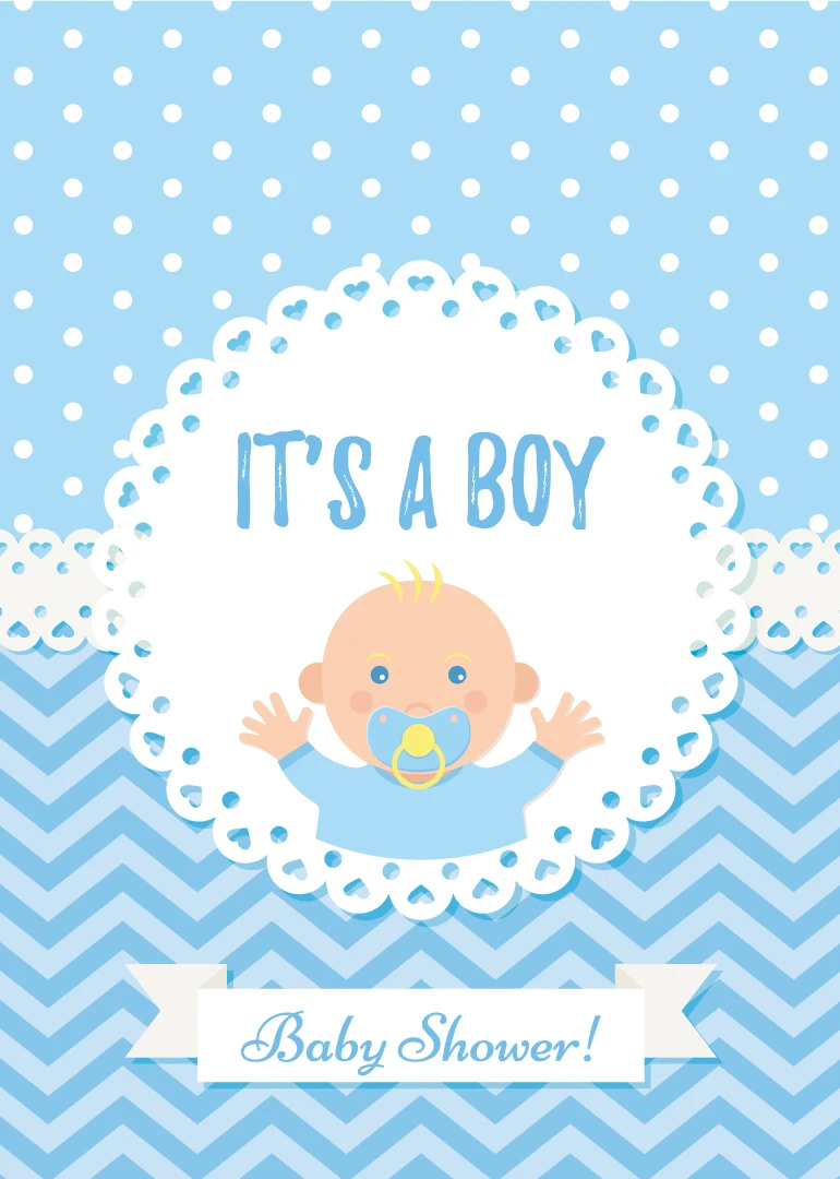 Cute blue baby shower card with baby illustration, polka dots, and text Its a Boy.