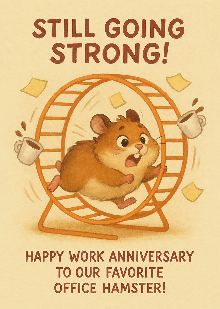 Hamster running on wheel with coffee cups and work anniversary message