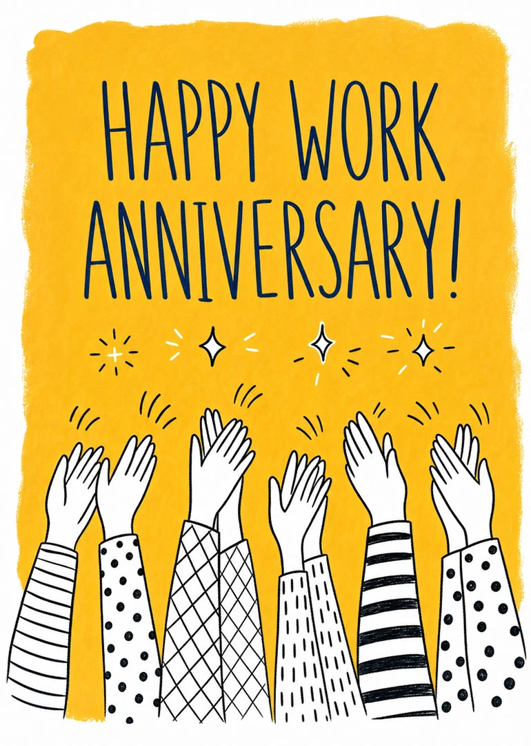 Yellow work anniversary card with clapping illustrated hands and large blue celebratory lettering on top.