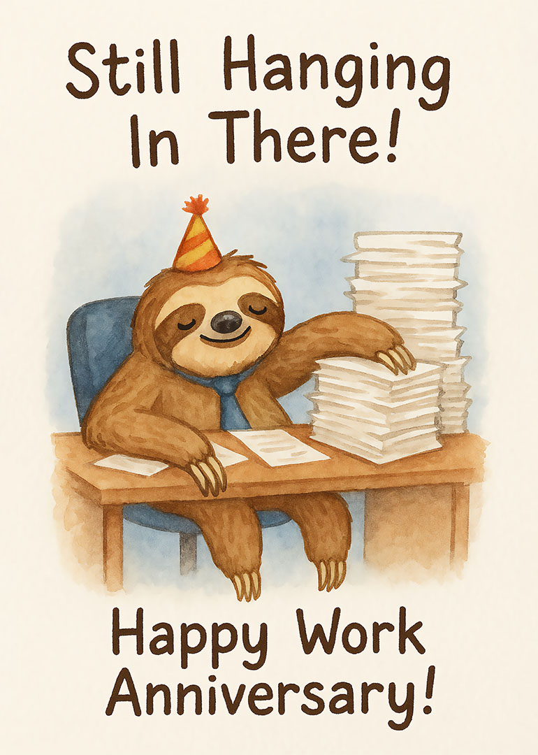 Sloth in party hat at desk with paper stacks celebrating work anniversary