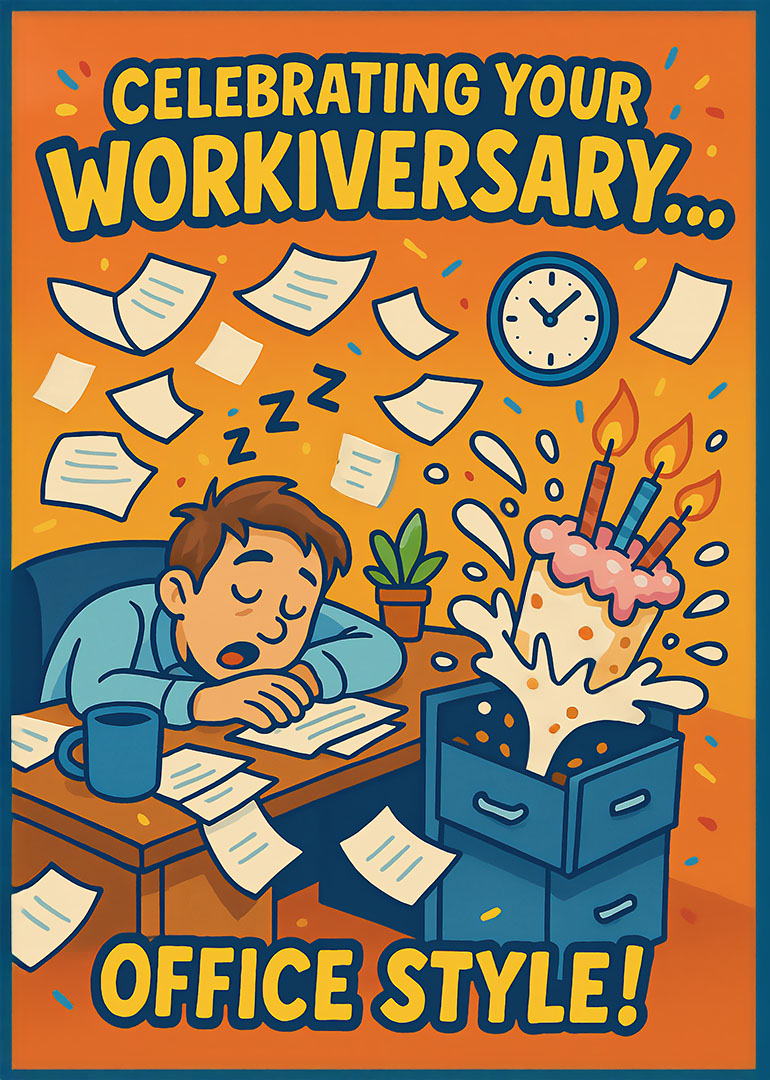 Cartoon of sleeping worker at desk with cake popping from drawer