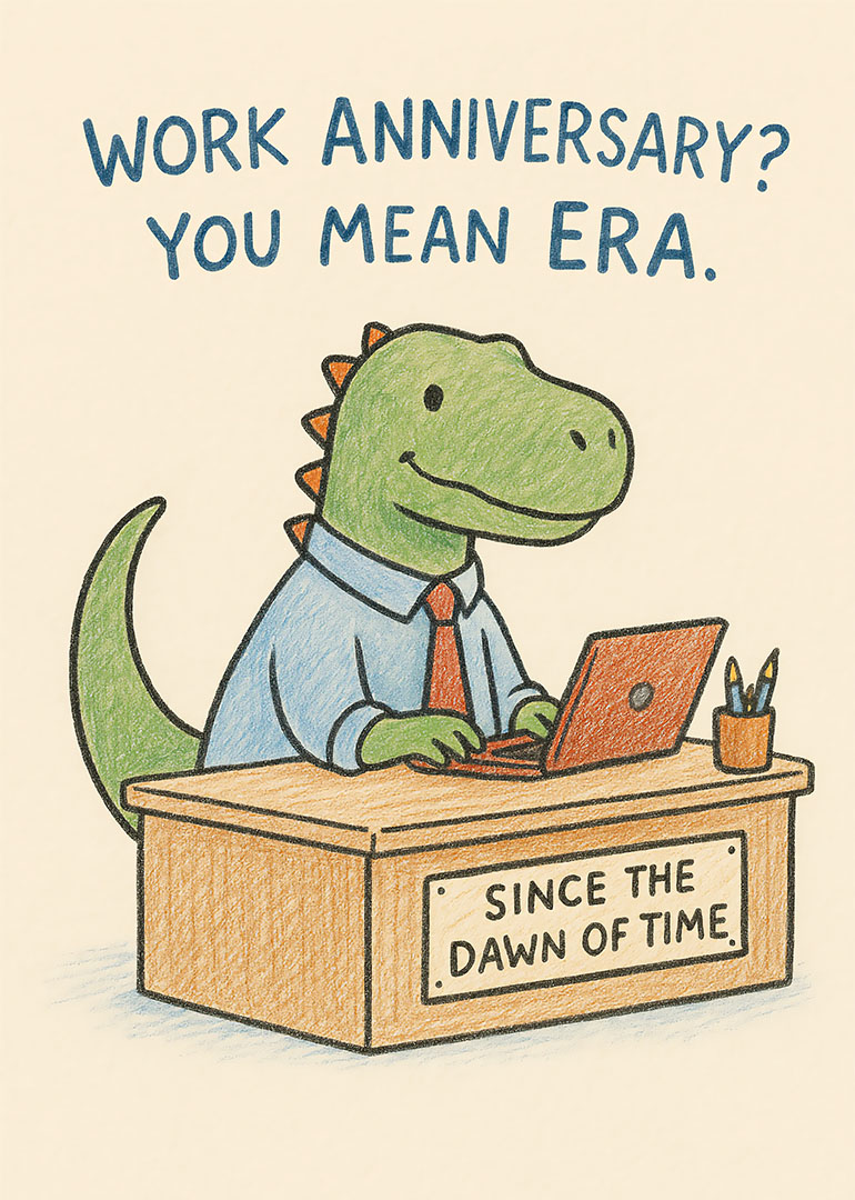 Cartoon dinosaur in shirt and tie at desk with laptop celebrating work anniversary