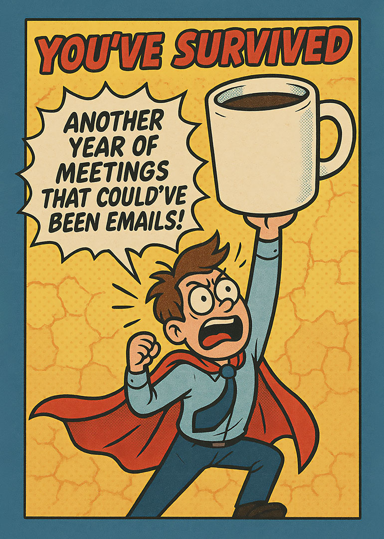 Cartoon man in cape holding coffee cup with funny work survival message