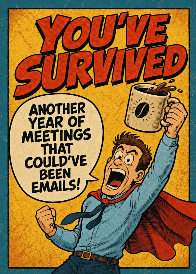 Comic superhero raises mug after surviving another year of meetings that could have been emails.