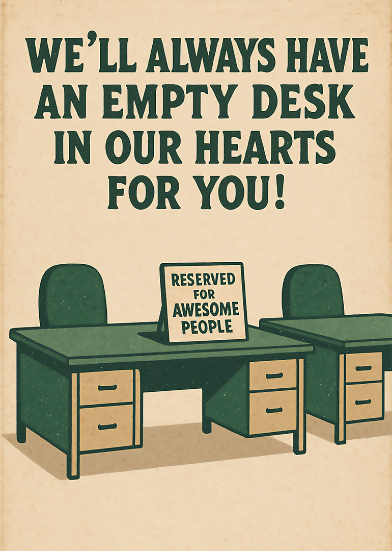 Illustration of empty desks with reserved sign for awesome people farewell card