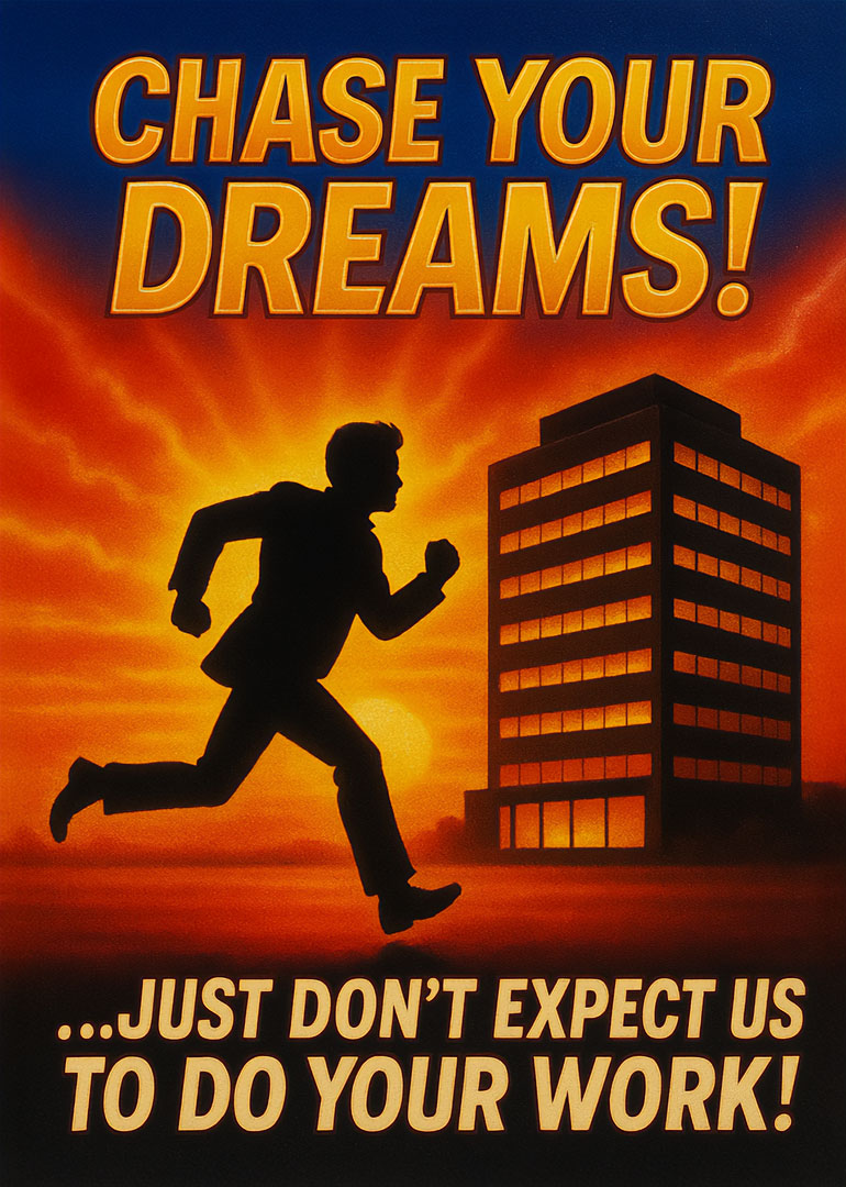 Silhouette of man running with building and sunset background humorous work message