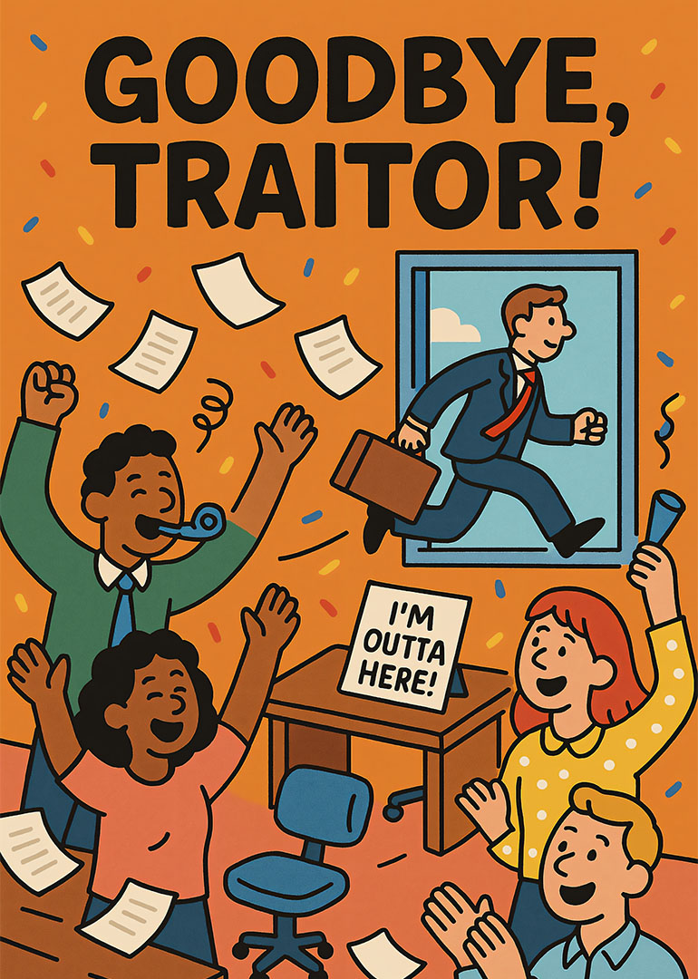 Cartoon office scene with colleagues celebrating a man leaving through a window