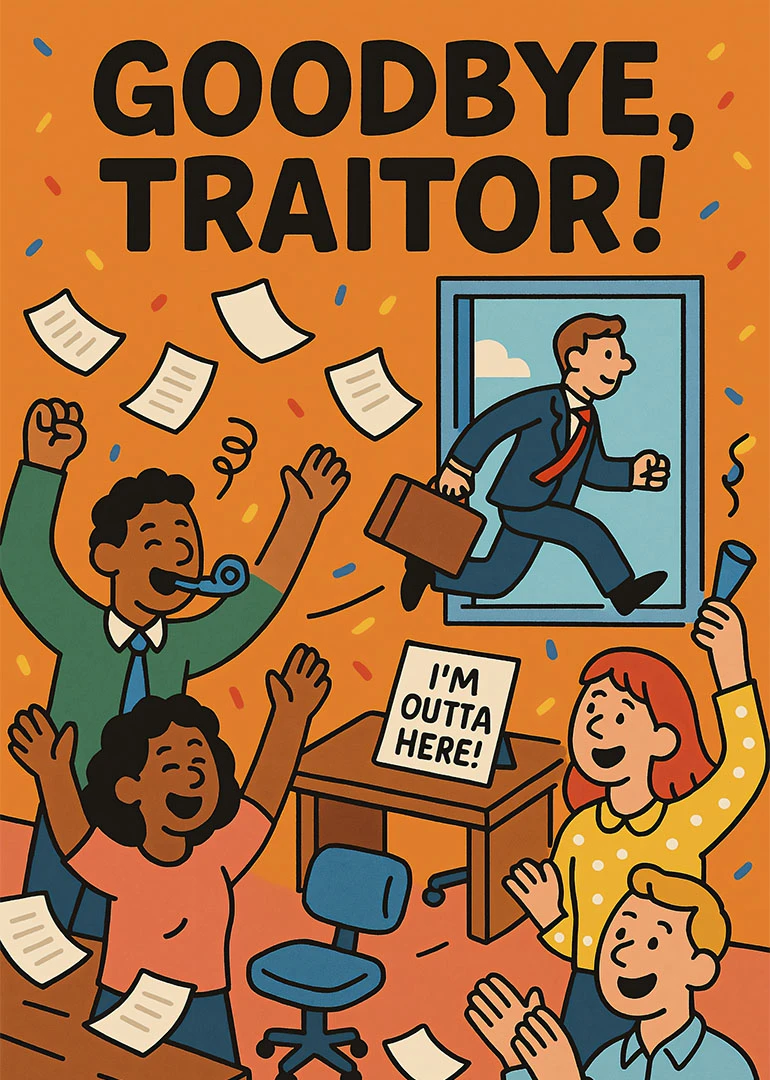 Cheering coworkers celebrate a departing colleague with confetti and a bold goodbye, traitor message inside.