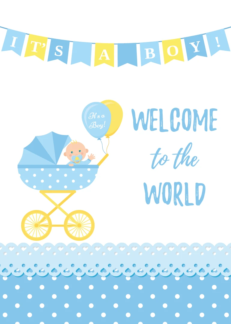 Blue baby pram card with boy balloons and welcome to the world wording, very cute.