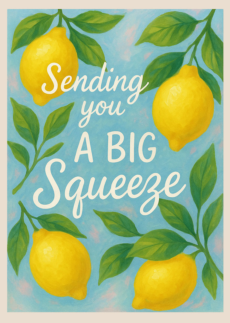 Card with bright yellow lemons and green leaves on blue background