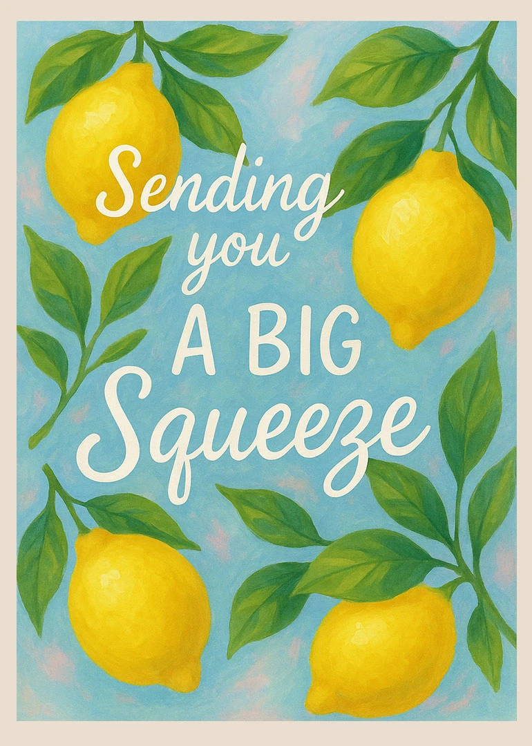 Watercolor lemons and leaves surround the words Sending you a big squeeze.