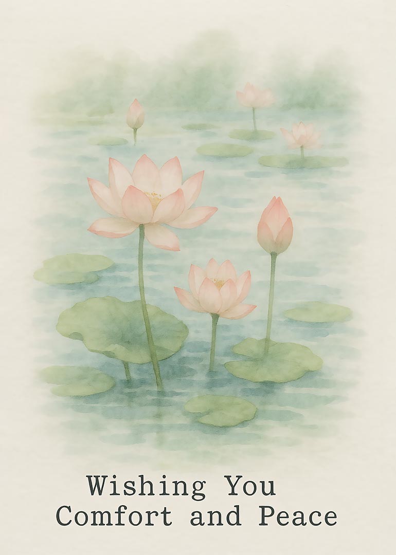 Watercolor lotus flowers floating on water with comfort and peace message