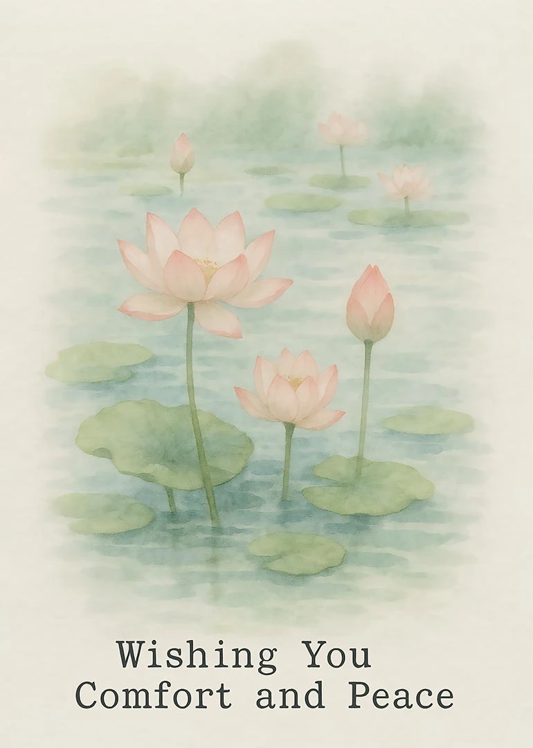 Watercolor lotus flowers on a soft pond with Wishing You Comfort and Peace text.