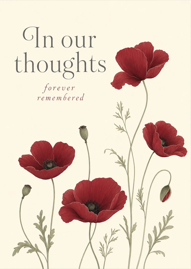 Cream card with red poppies and the words In Our Thoughts forever remembered in serif.
