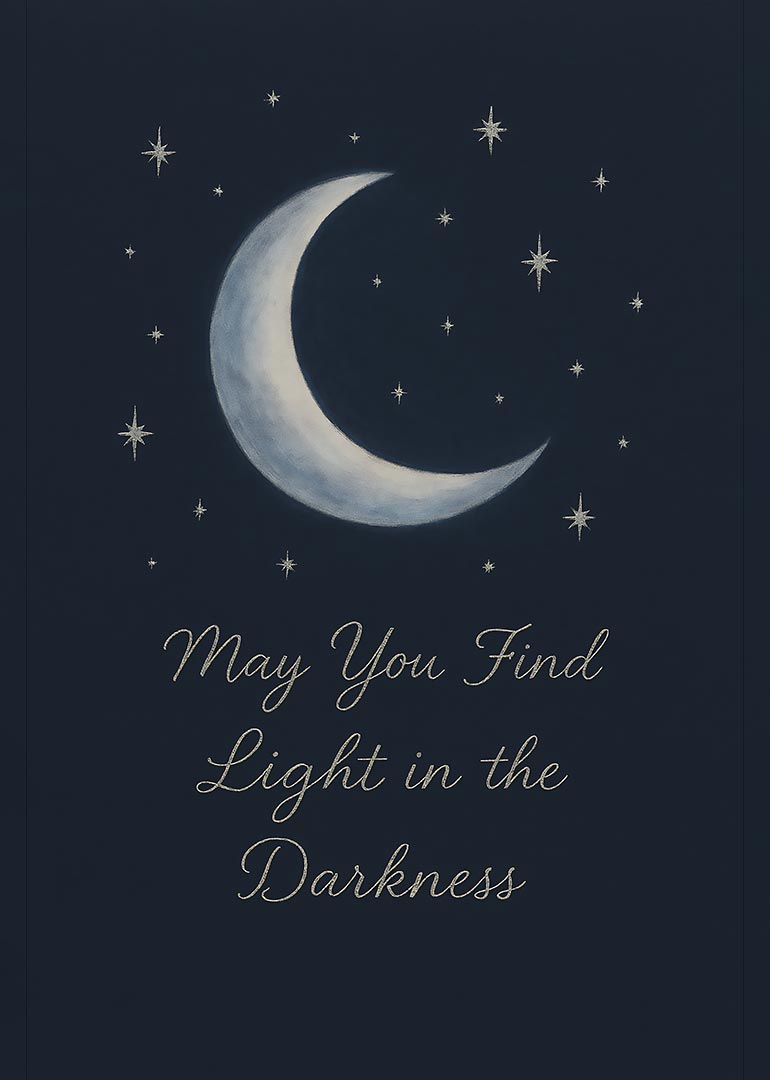 Sympathy card with crescent moon, stars, and hopeful message in elegant script
