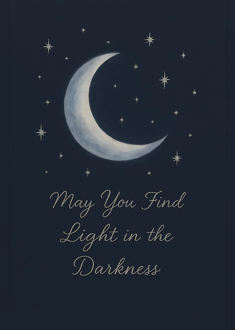 A dark blue card with a crescent moon, stars, and comforting message about finding light.