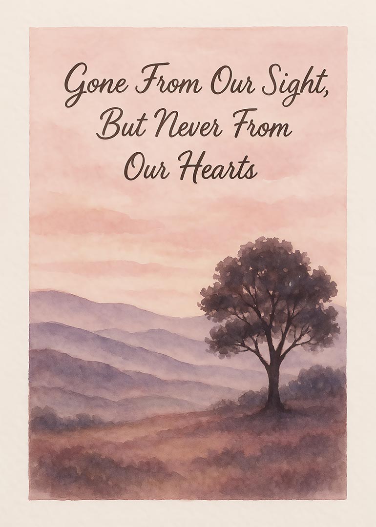 Watercolor card with tree silhouette and mountains, heartfelt sympathy message