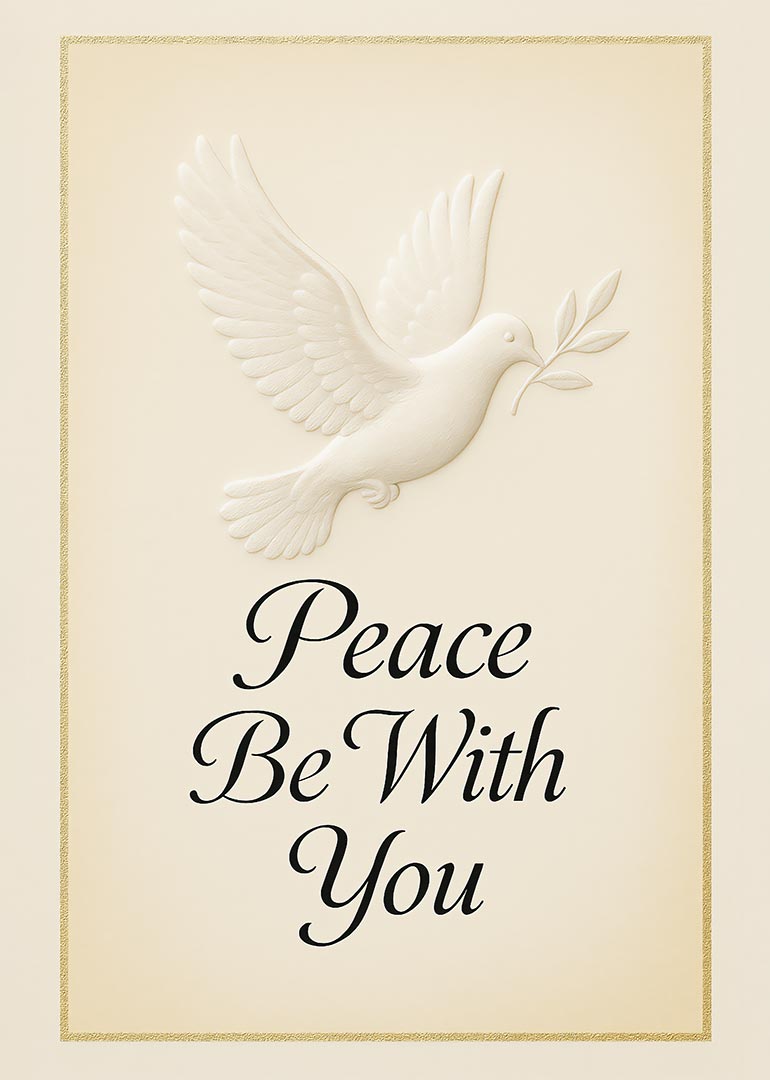 Sympathy card with white dove holding olive branch and peace message
