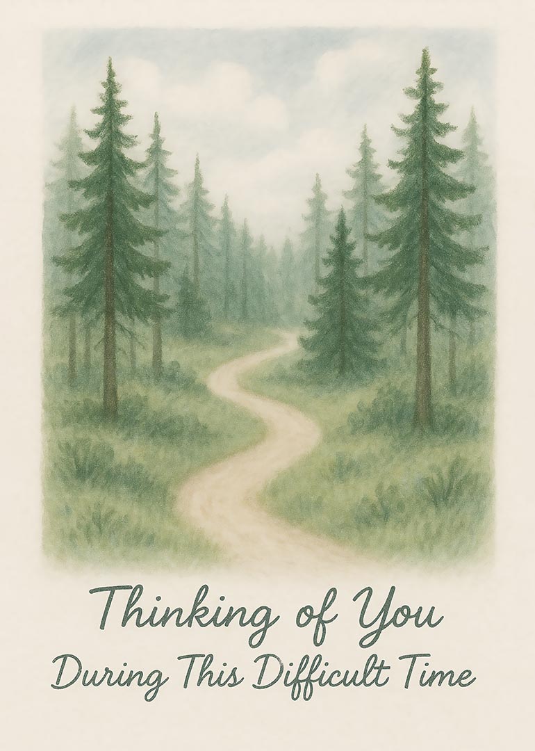 Peaceful forest path with trees and comforting sympathy message