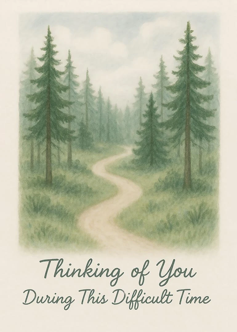 A misty forest path card with Thinking of You During This Difficult Time text below.