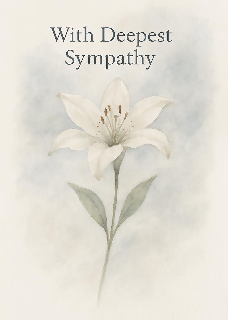 Sympathy card with white lily flower and gentle message on soft background