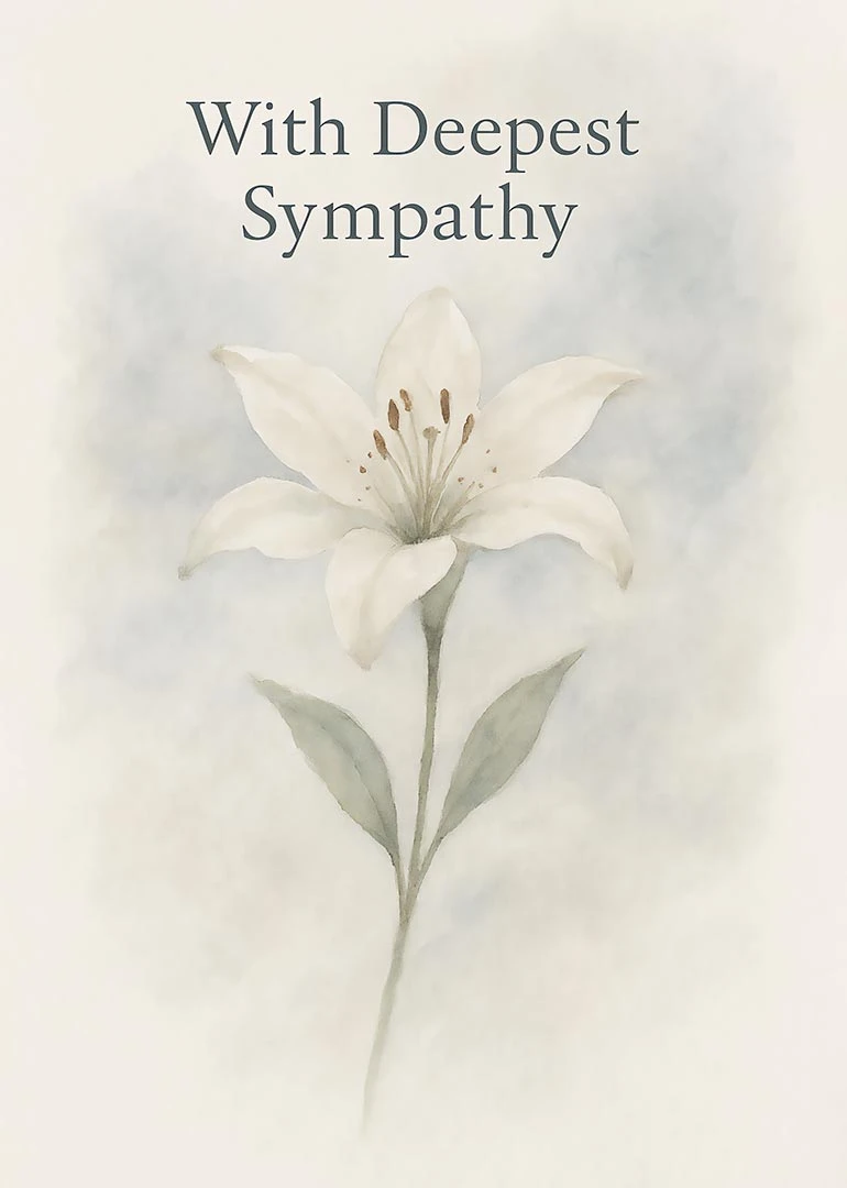 Watercolor white lily card reading With Deepest Sympathy on a pale background with calming tones.