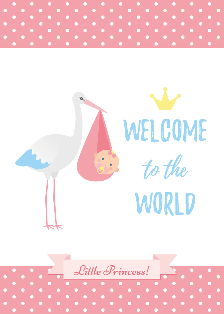 Baby girl with pacifier in pink bundle carried by stork with crown and polka dot border