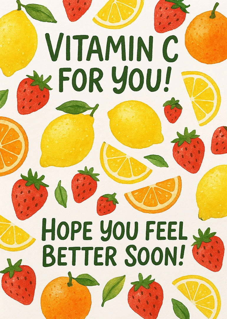 Watercolour fruits surround Vitamin C for you, with hope you feel better soon message card.