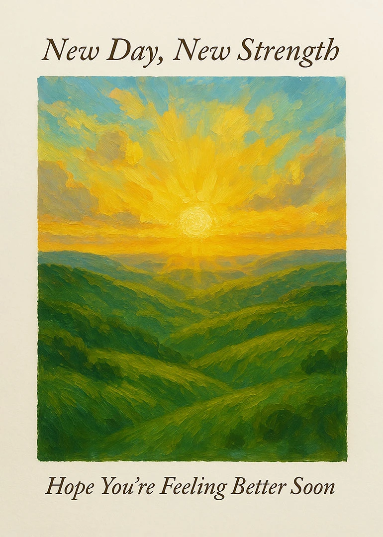 Painterly sunrise over green hills with hopeful recovery message.