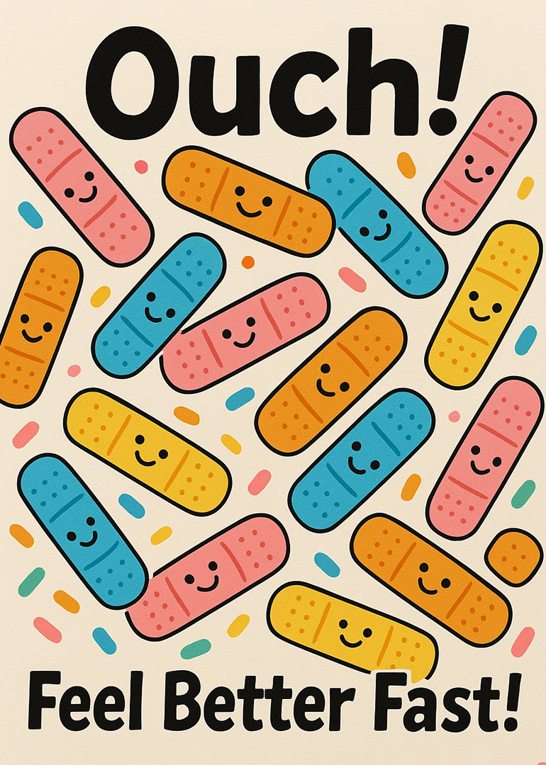 Colorful smiling bandages with cheerful get well message on cream background