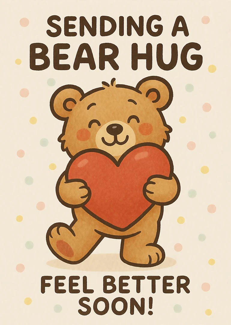 Cute bear holding red heart with feel better soon text on a pastel dotted background.