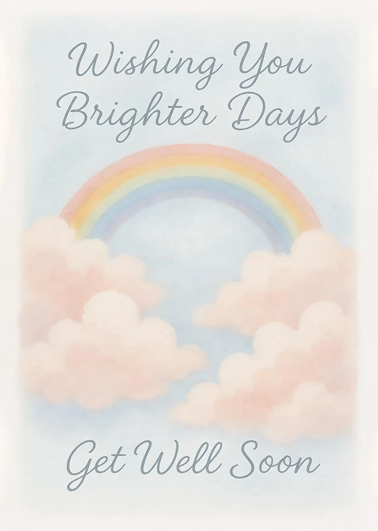 Pastel rainbow over fluffy clouds with Wishing You Brighter Days and Get Well Soon text.