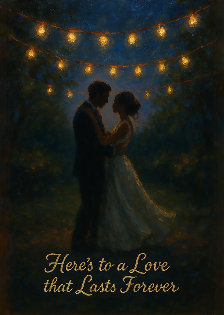Silhouetted couple embracing under glowing string lights at night