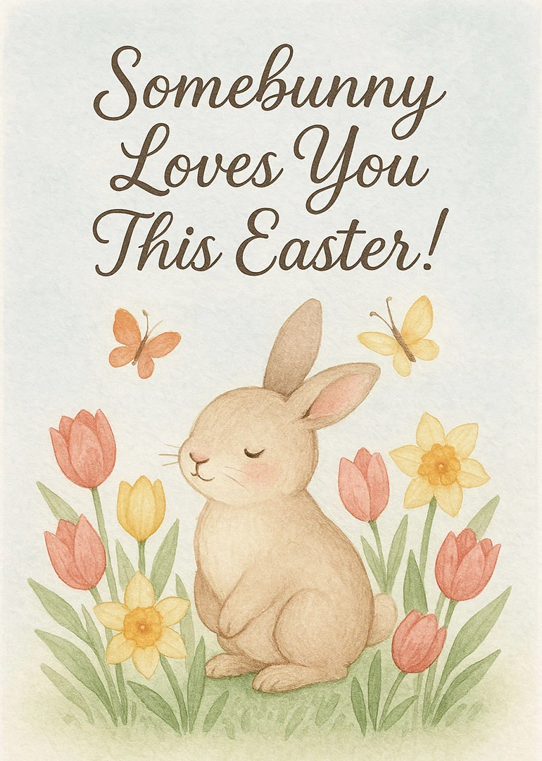 Watercolour bunny sits among tulips and daffodils under the message Somebody Loves You This Easter.
