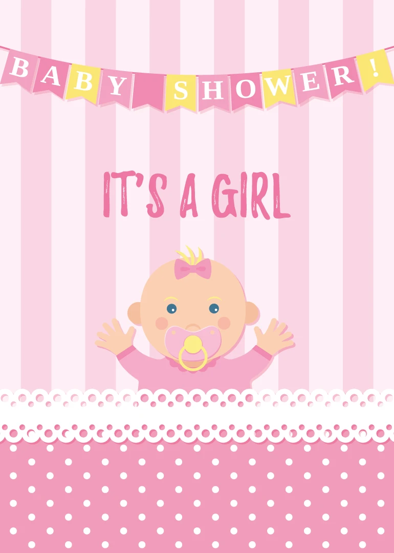 Pink baby shower card with banner reading Baby Shower It’s a Girl and smiling baby.
