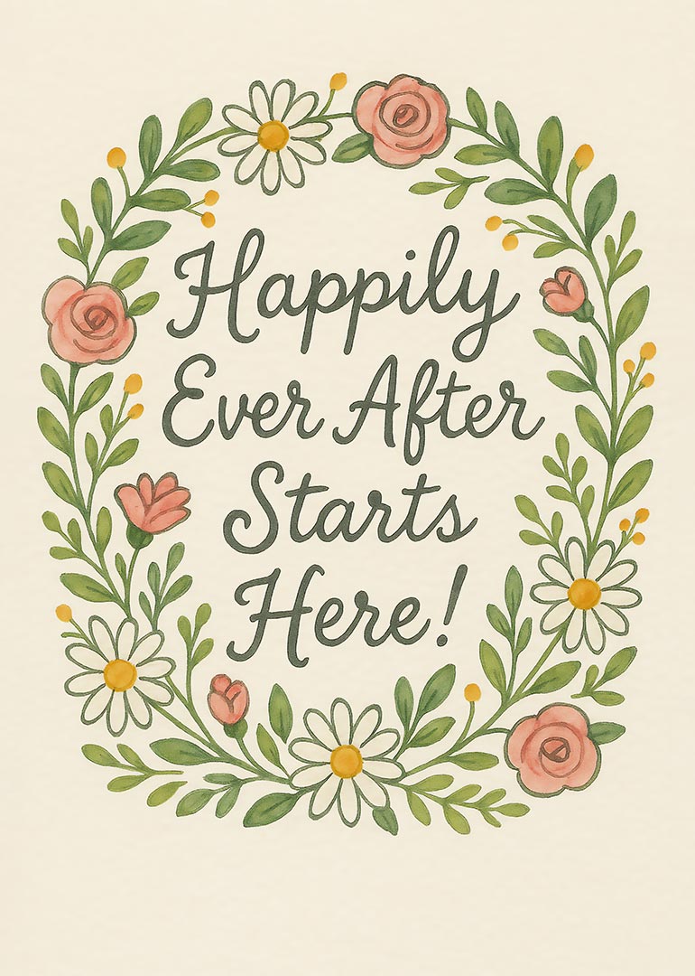Floral wreath with daisies and roses surrounding happily ever after starts here text