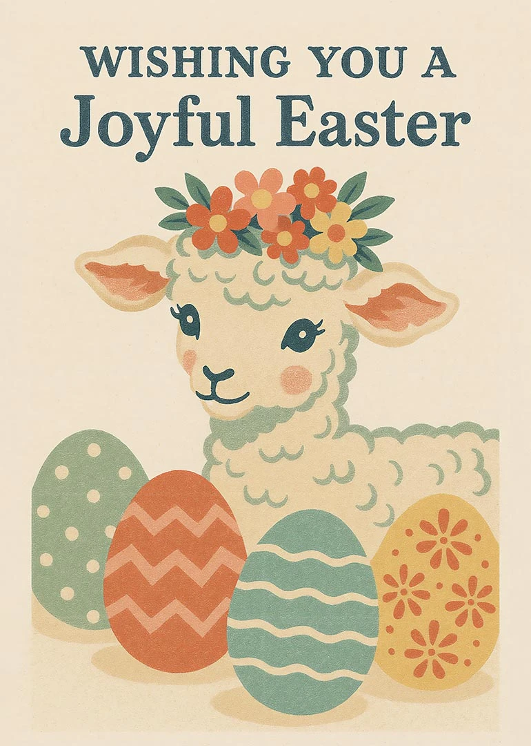 A lamb with flower crown beside Easter eggs and the words Wishing You Joyful Easter.